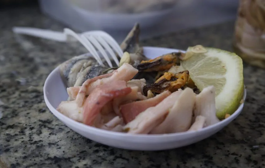 Un bol blanc rempli d'une variété de fruits de mer, mettant en valeur un assortiment appétissant d'ingrédients frais.