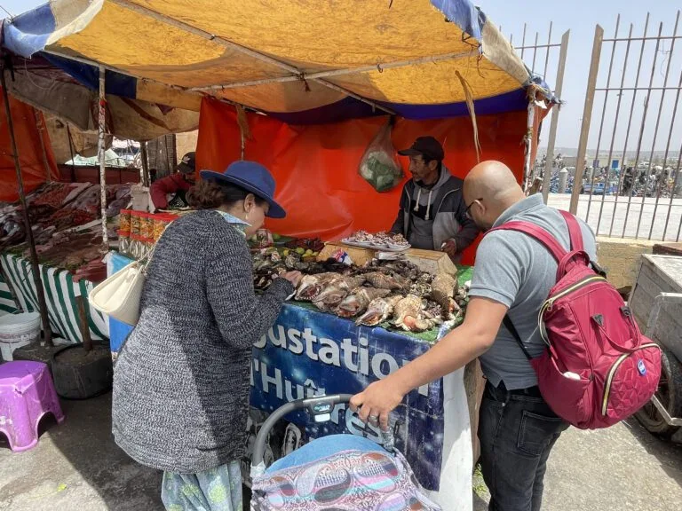 Un marché animé de dégustation de fruits de mer où les acheteurs découvrent divers produits alimentaires exposés sur le sol.