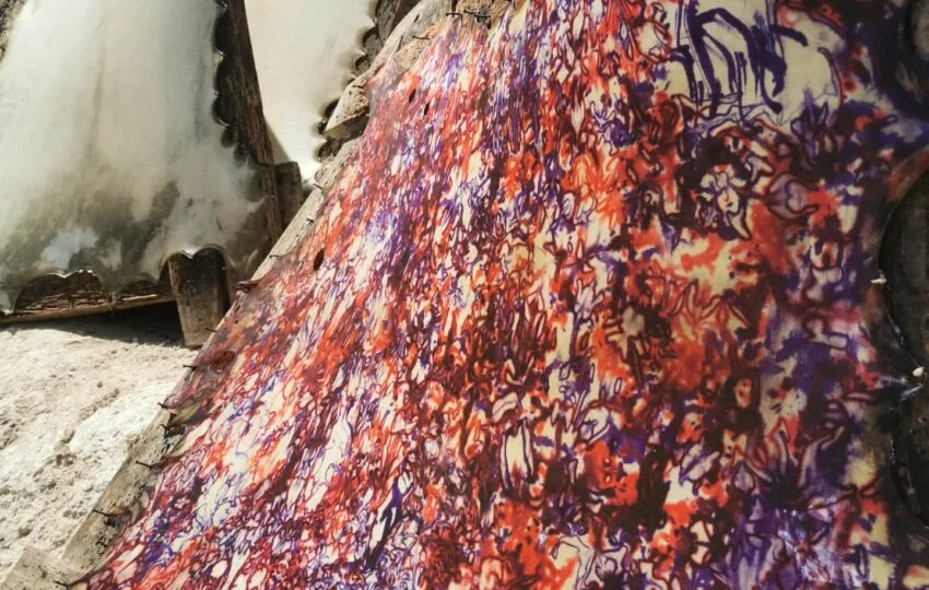 Close-up of a hand-dyed goat skin with red and purple patterns, drying in a traditional tannery in Essaouira.